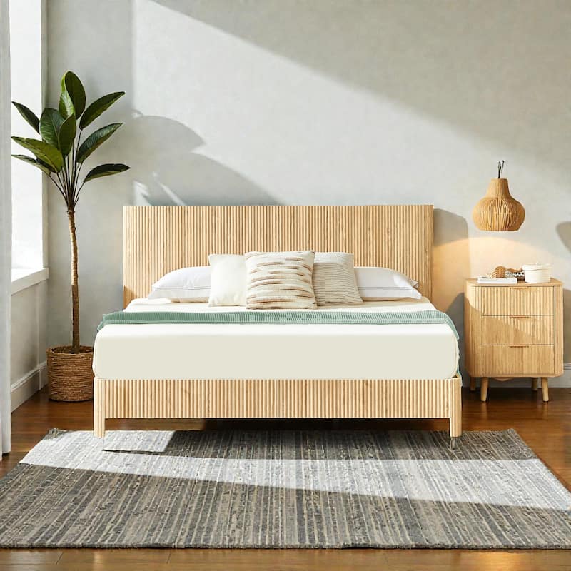 Wood Bed Frame with Corrugated Curved Wood Panels, Heavy Duty Metal Support, No Box Spring Needed