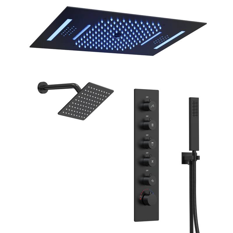 Dual Shower Heads System with 3 Spray Modes 22"*15" Ceiling and 6" Wall Mount Body Jets Handheld Spray LED Music