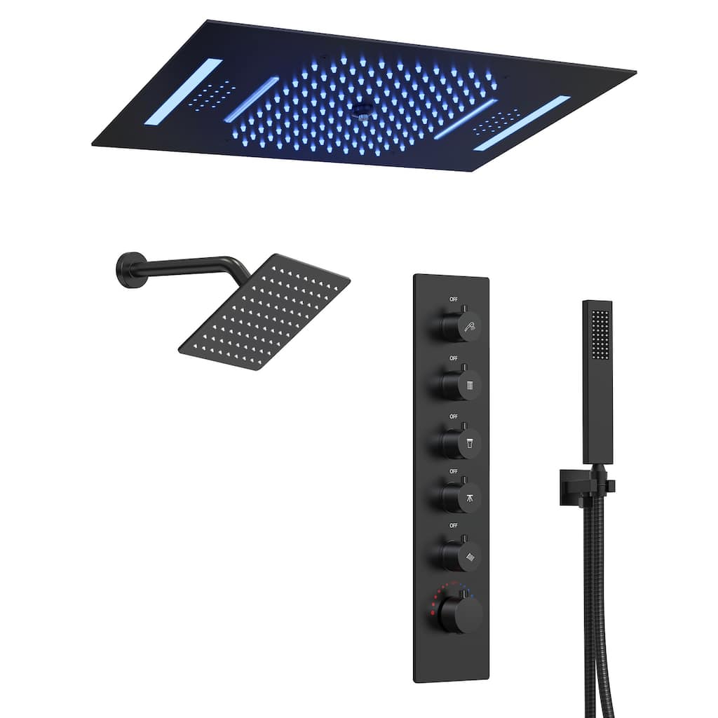 Dual Heads 20" Thermostatic Shower System, 64-Color LED Mood Lighting 3-Functions Shower Head with Bluetooth Music