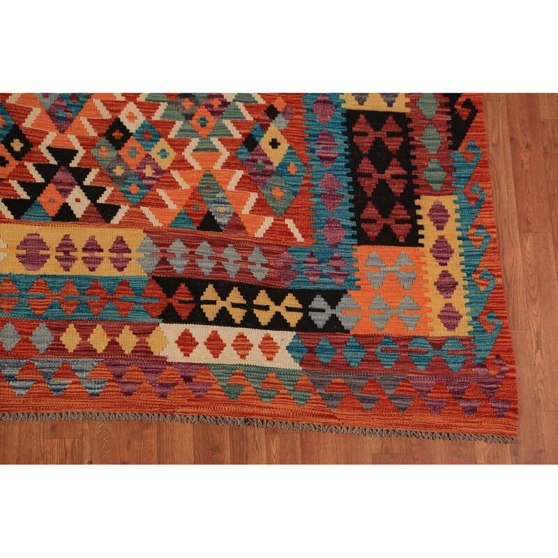 Orange Kilim Oriental Area Rug Hand-Woven Geometric Wool Carpet - 8'0"x 11'8"