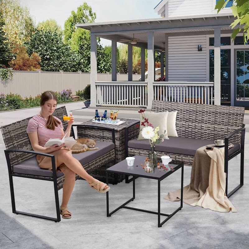 4-Piece Wicker Outdoor Sofa Set, 2 Loveseats, 1 Table, 1 Ice Bucket