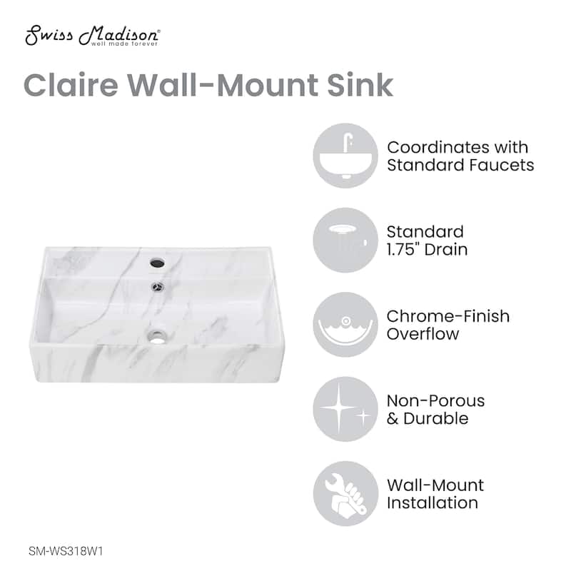 Claire 22" Rectangle Wall-Mount Bathroom Sink In White Marble - 22.05" x 12.4" 5.3"