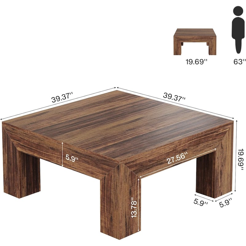 Farmhouse Square Coffee Table for Living Room, 39.37-Inch Low Large Center Tea Accent Table