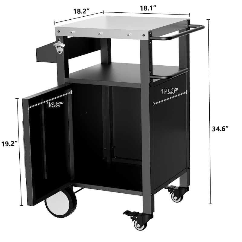 Anmytek Black Outdoor Grill Cart Rolling BBQ Table with Storage Hooks and Spice Rack for Patio Grilling Accessories