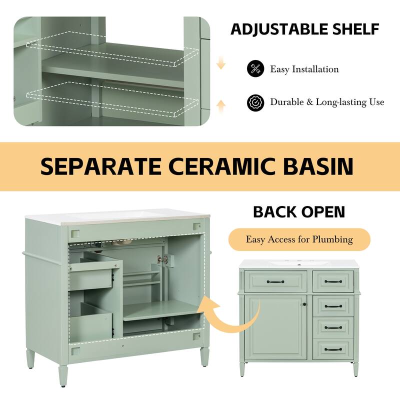 36-Inch Bathroom Vanity with Ceramic Sink Top, Solid Wood Frame and MDF Cabinet,with Adjustable Shelf and Metal Handles