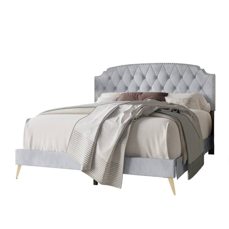CraftPorch Velvet Button Tufted Upholstered Gold Accent Platform Bed