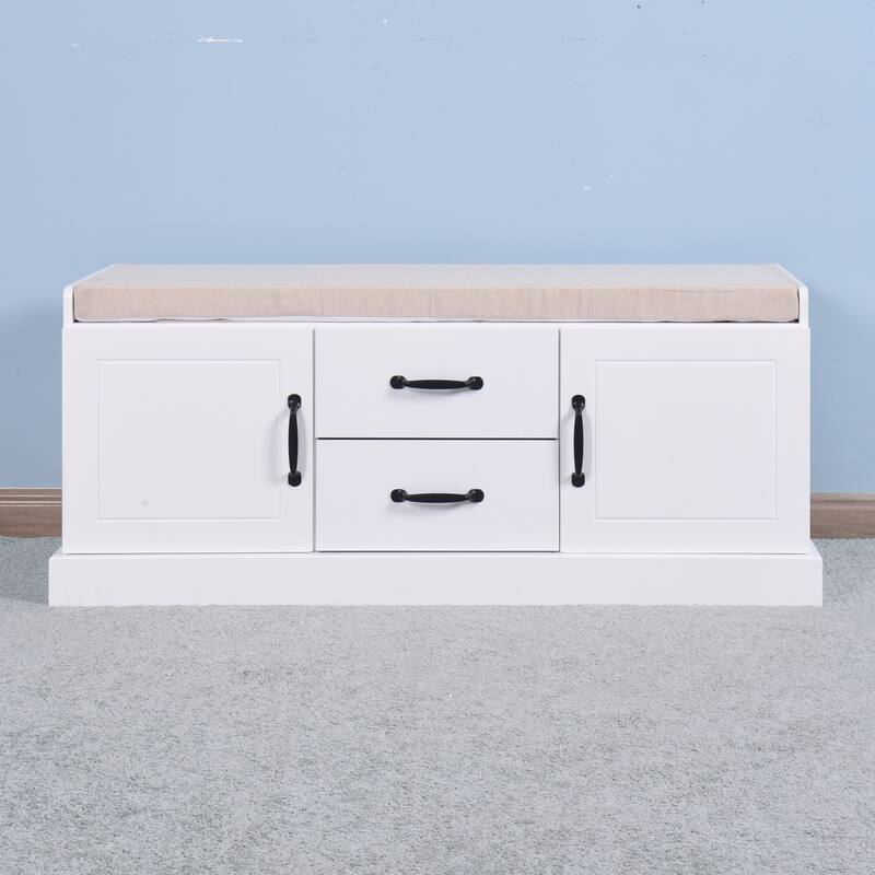Wooden Entryway Shoe Cabinet with 2 Drawers and 2 Doors Living Room Storage Bench with Cushion - White