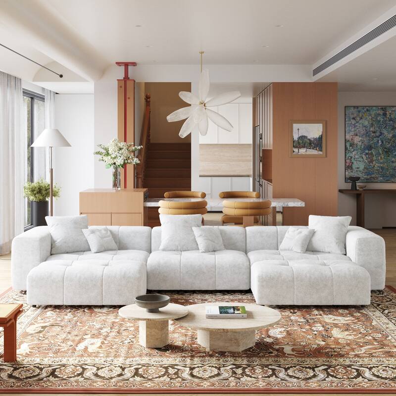 Extra Large U Shaped Linen Modular Sectional Couch with Ottoman for Living Room - White-3 seats+2 ottoman