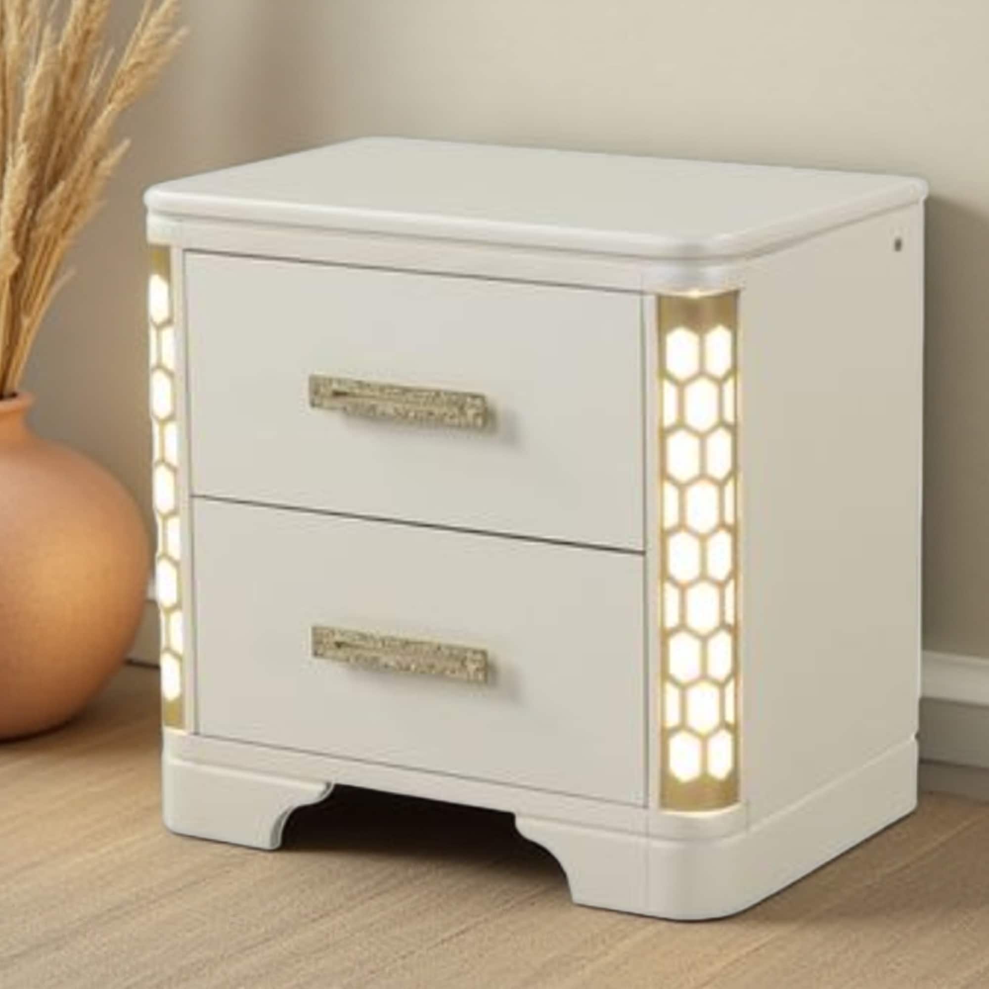 27"L Nightstand with Side LED Lighting Made with Wood - 2 Drawers with Gold Accent Pulls and Timeless Design