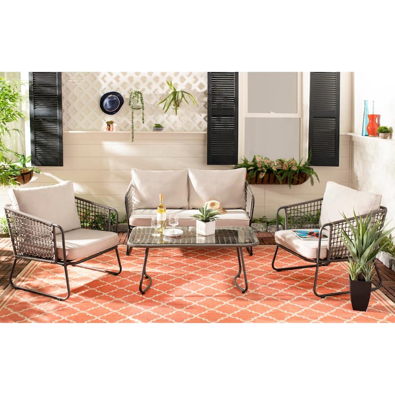SAFAVIEH Outdoor Yuridia 4 Piece Living Set - Brown / Beige - 50Wx27Dx27H - Beige