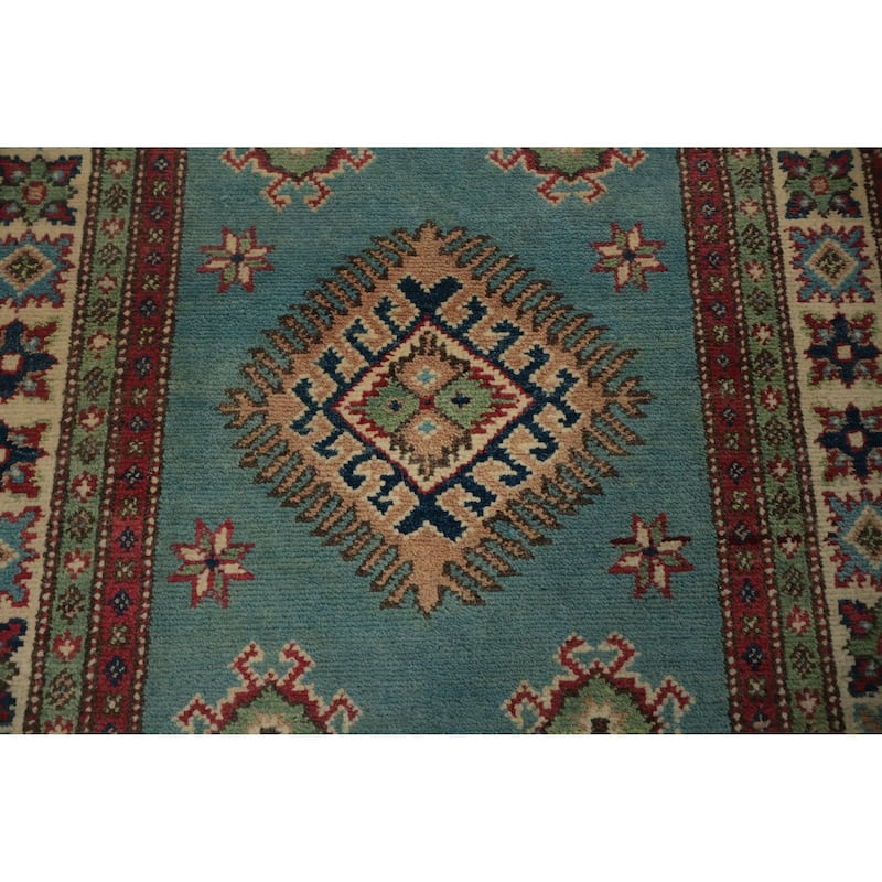 Hand Knotted Oriental 100% Wool Carpet Traditional Geometric Navy Blue & Blues Kazak Runner Rug - 9' 8'' X 2' 9''