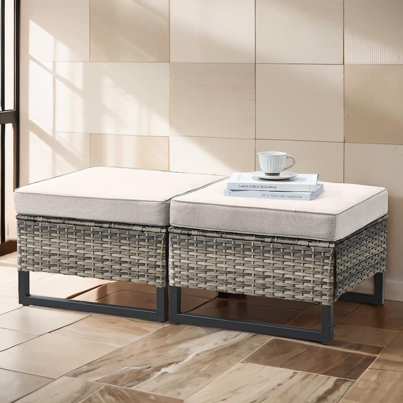 Gymojoy Outdoor Wicker Ottomans with Olefin Cushions