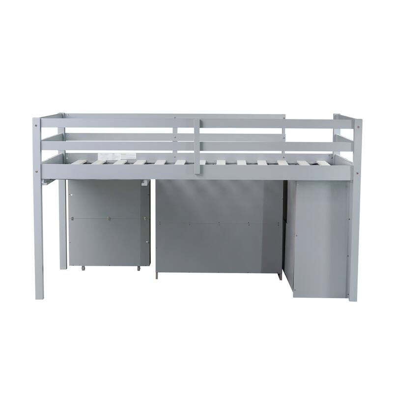 Twin Rubber Wood Loft Bed with Drawer Cabinet, Shelf,Pulling -Out Desk
