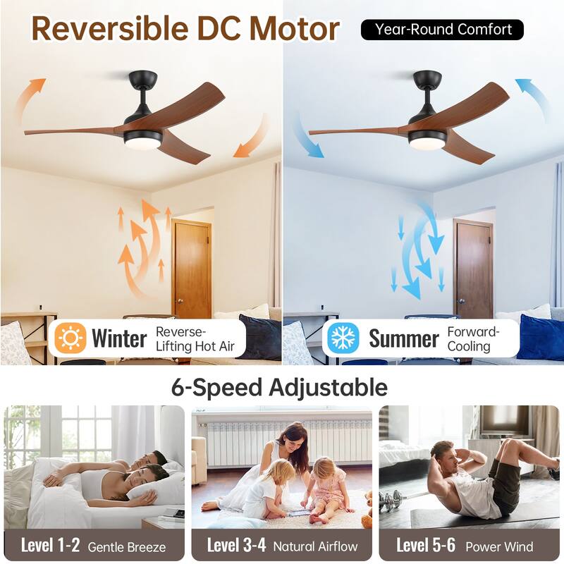 52 Inch Black Ceiling Fan with 3 Dark Wood Grain ABS Blades Remote Control Reversible Motor Dimmable Light