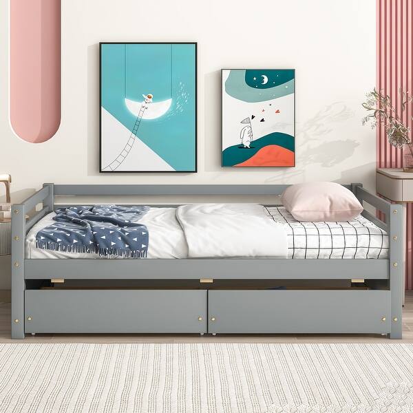 slide 2 of 5, Twin Daybed with Two Storage Drawers Children Room Wooden Sofa Bed, Gray Gray