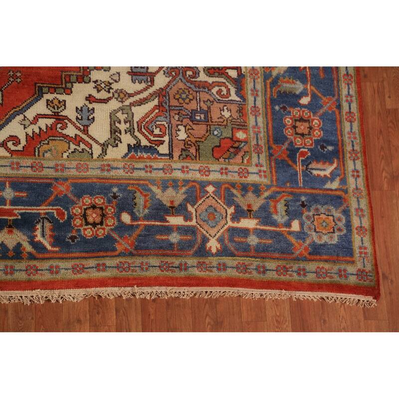 Heriz Serapi Indian Rug Hand-Knotted Medallion Orange Wool Carpet - 9'0"x 11'11"