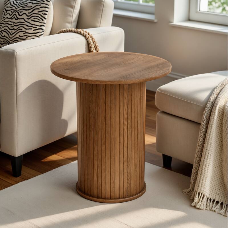 Round Tambour End Table, Mid-Century Modern Small Side Table for Living Room, Bedroom - Brown