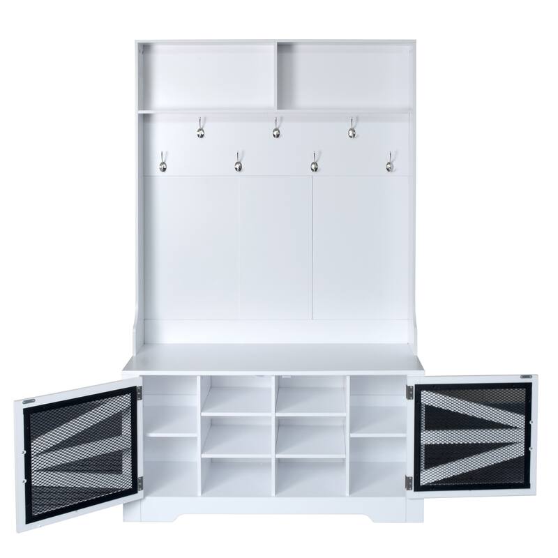 Breathable Hall Tree Cabinet Coat Rack with Adjustable Shelves & Bench Seat, Shoe Storage Cabinet with Wire Mesh Door