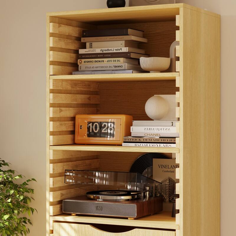 Tall Wooden Storage Cabinet with 3 Drawers and Adjustable Shelves, Solid Wood Slat Design
