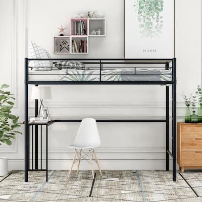 Twin Size Industrial Metal Loft Bed with Built In Wood Desk, Heavy Duty Steel High Loftbed Frame with Ladder and Guardrails