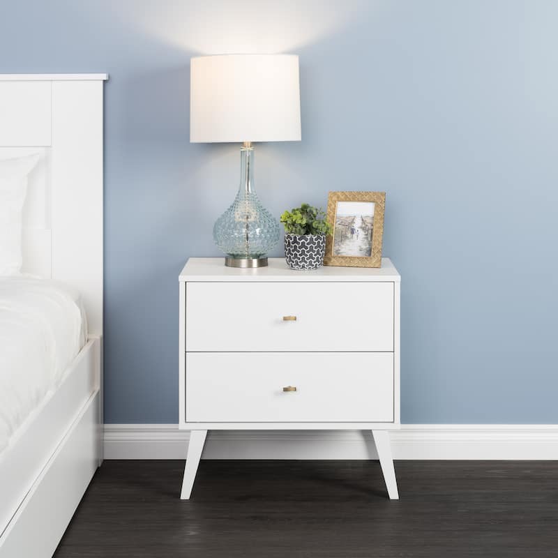 Prepac Milo Mid-Century Modern 2 Drawer Nightstand, Bedside Table, Contemporary Bedroom Furniture