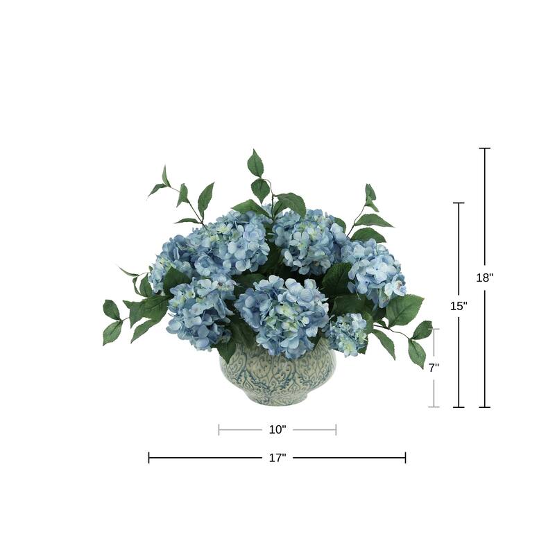 Hydrangea Floral Arrangement in a Decorative Ceramic Vase - Blue, White