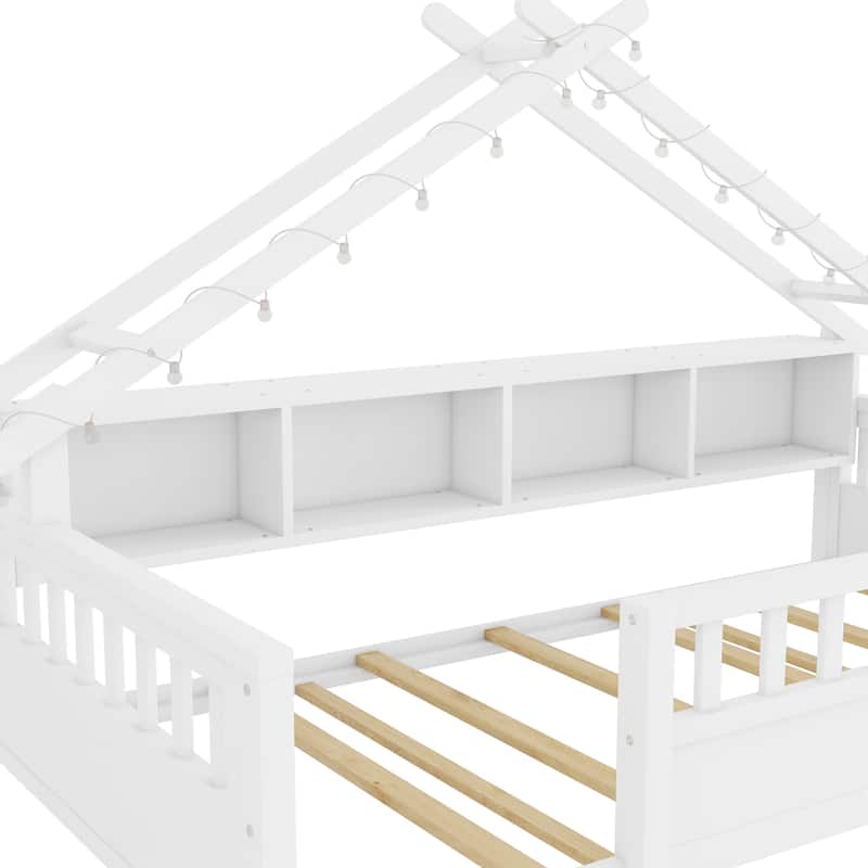 Floor Bed House Bed Frame with Storage Shelf Safety Guardrails