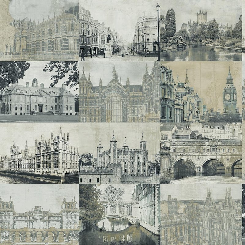 Seabrook Designs Preston Framed Buildings Unpasted Wallpaper - 27 in. W x 27 ft. L - Metallic Neutral
