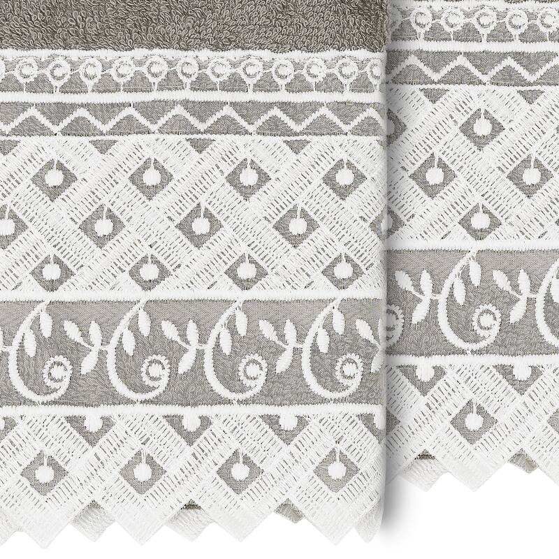 Authentic Hotel and Spa 100% Turkish Cotton Aiden 2PC White Lace Embellished Washcloth Set