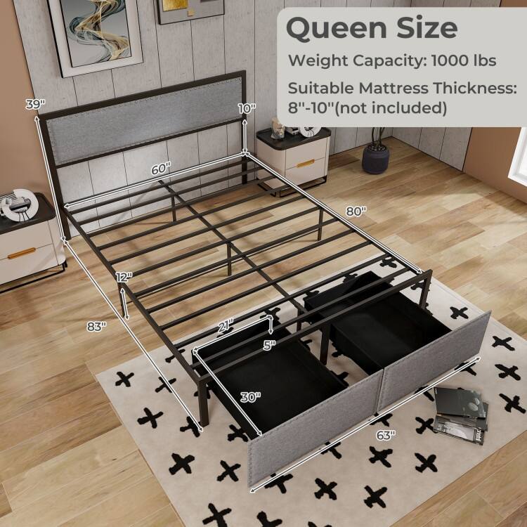 Full/Queen/Twin Size Bed Frame with LED Lights Drawer and Metal Slats