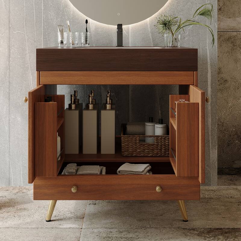 Free-standing Bathroom Vanity with Faux Marble Top & Ceramic Sink, 30" Double Door Storage Cabinet, Waterproof Engineered Wood