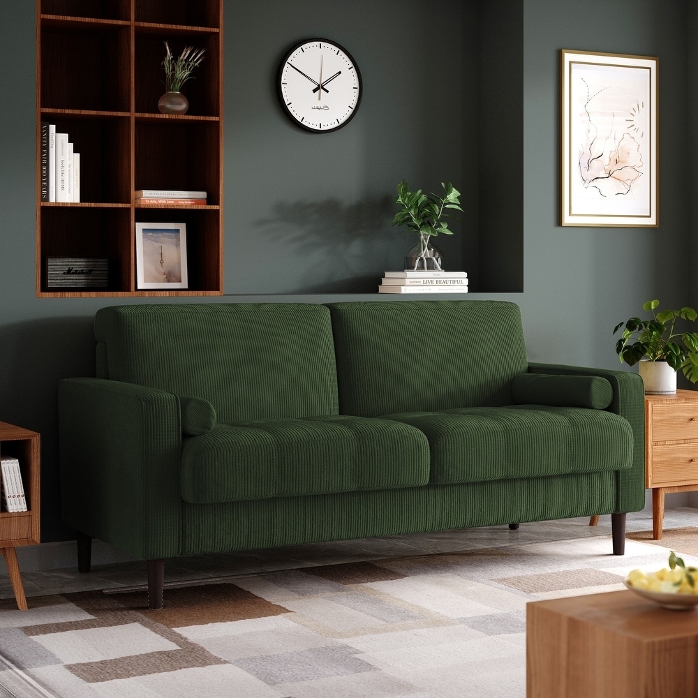 Modern Corduroy Upholstered 2 Seater Sofa with Bolster Pillows