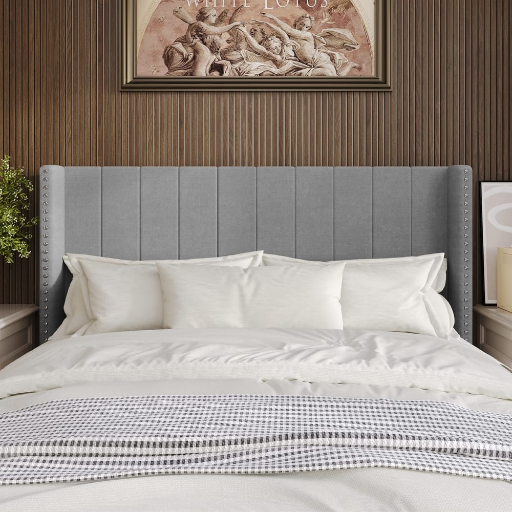 Clayfell Ipswich Upholstered Wingback Headboard with Nailhead Trim, Modern Vertical Channel Tufting, Easy Assembly