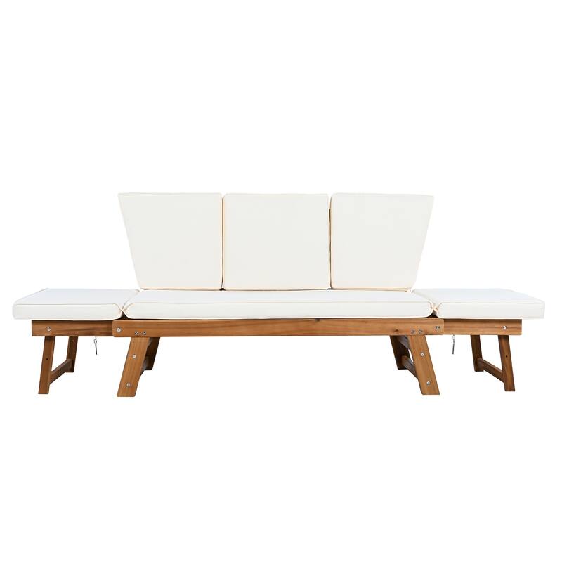 Outdoor Acacia Wood Adjustable Daybed Sofa with Cushions, Expandable Patio Chaise Lounge for Small Spaces, Deck or Balcony