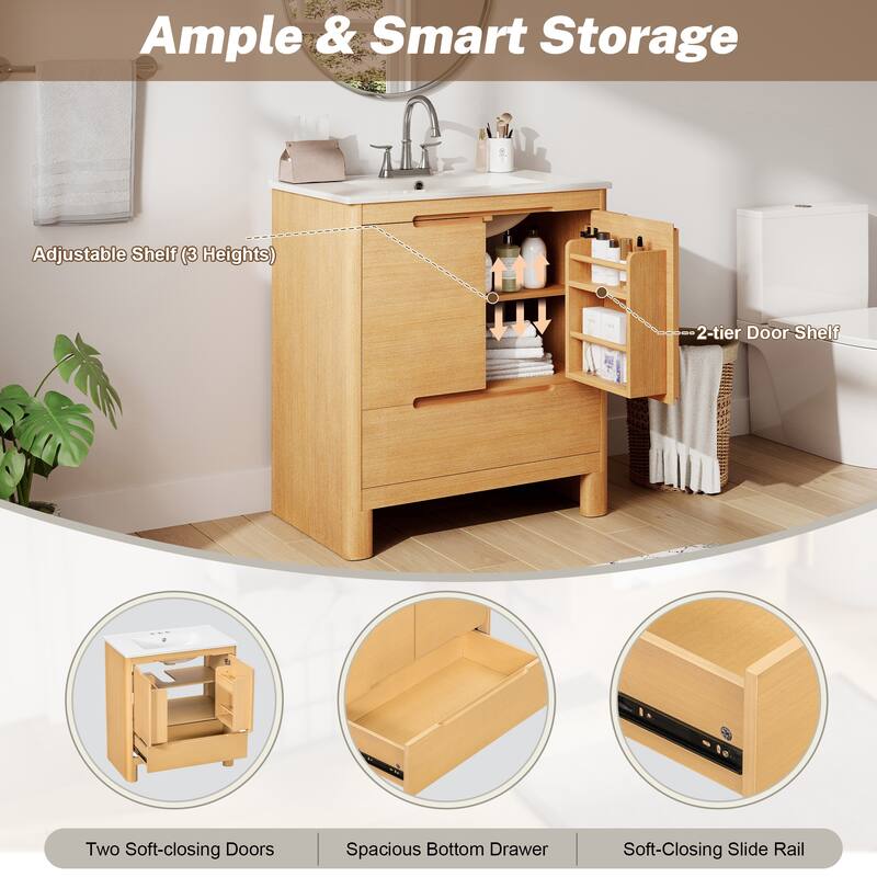 30"Softened Modern Bathroom Vanity with Ceramic Sink, Solid Wood Frame, Soft-Close Doors & Drawer, Adjustable Shelf