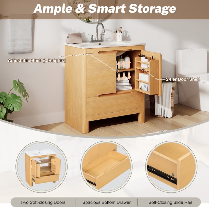 Christopher Knight Home - Harlow Modern 30" Bathroom Vanity with Ceramic Sink, Soft-Close Doors & Drawer, Adjustable Shelf