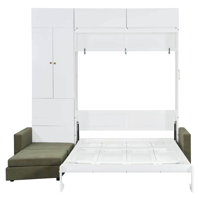 Queen Size Wall Bed with Sofa and Shelves, Space-Saving Design, White Panel, Green Sofa