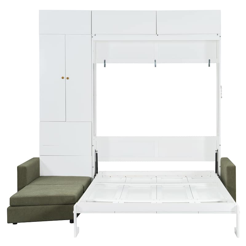Roomfitters Queen Size Murphy Bed with Sofa and Shelves, Foldable Wall Bed with Storage Cabinet