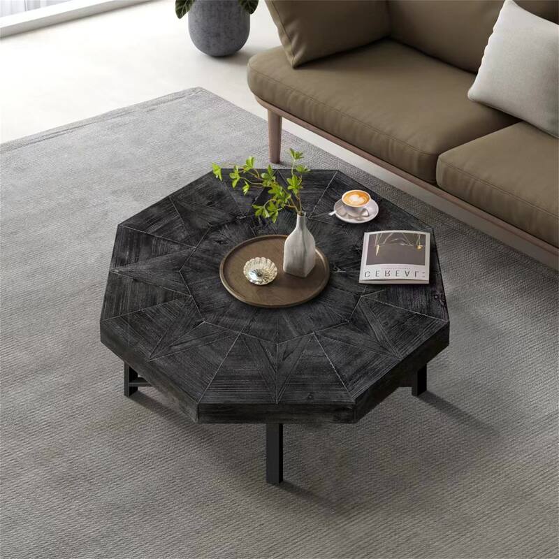 Retro Splicing Design Octagonal Coffee Table - Antique Black