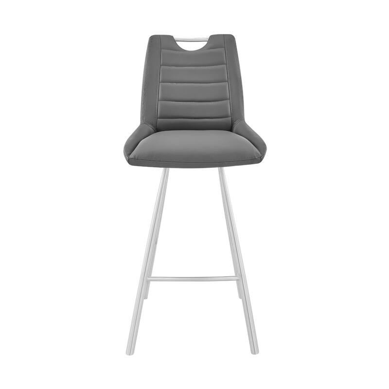 Modern 30 Inch Bar Height Stool in Grey Faux Leather with Steel Frame and Footrest for Kitchen - 42"H x 21"W x 19"D