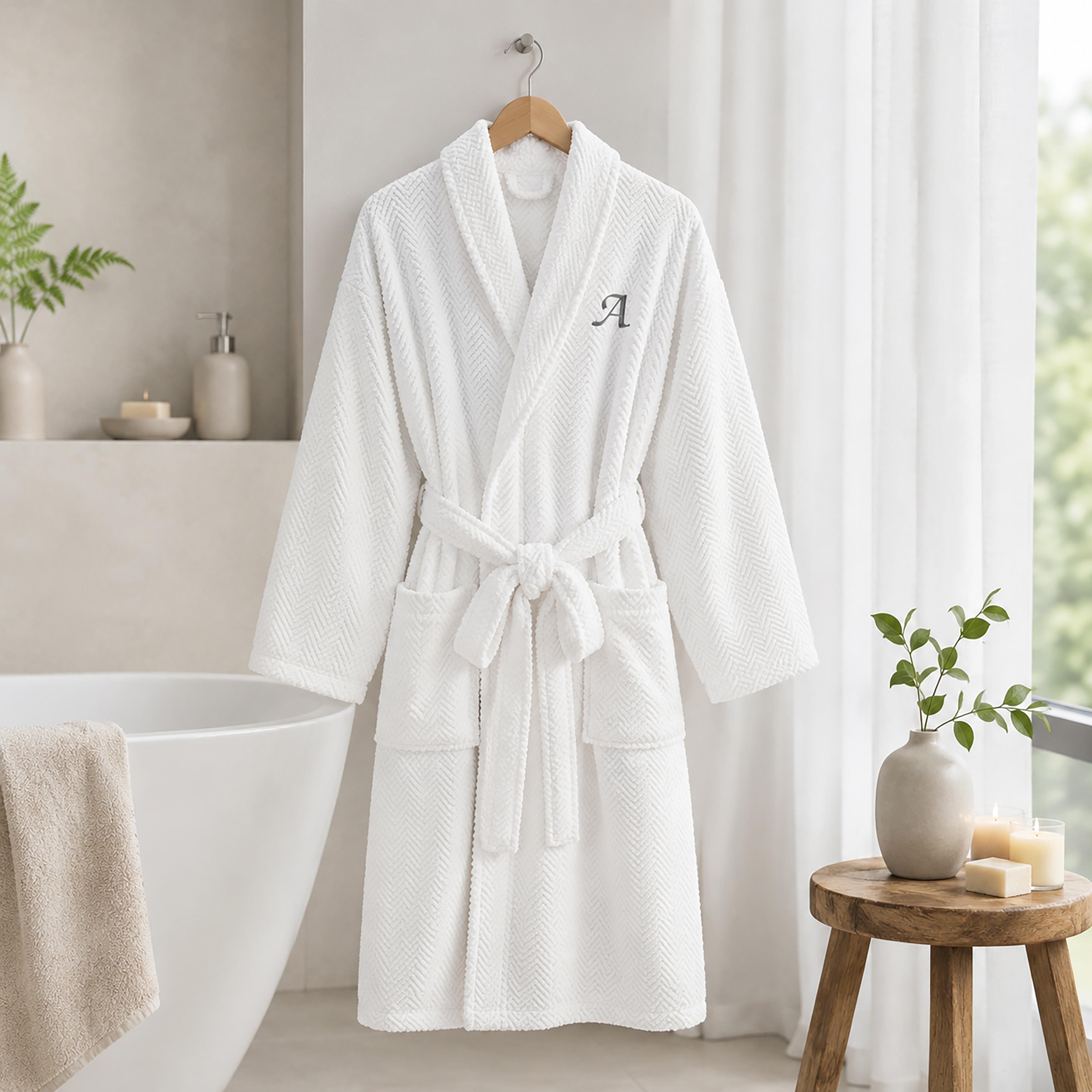 Authentic Hotel and Spa White with Grey Monogrammed Herringbone Weave Turkish Cotton Unisex Bath Robe