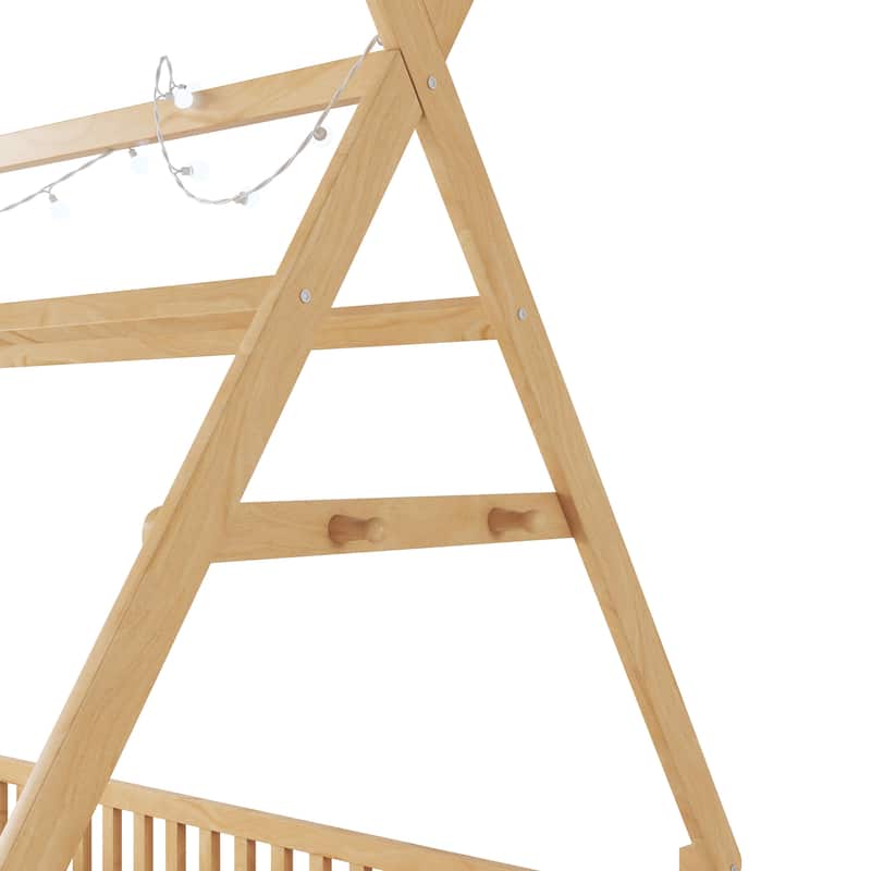 Full House Bed w/ Light, Low Floor House Bed w/ Fence & Roof - Natural