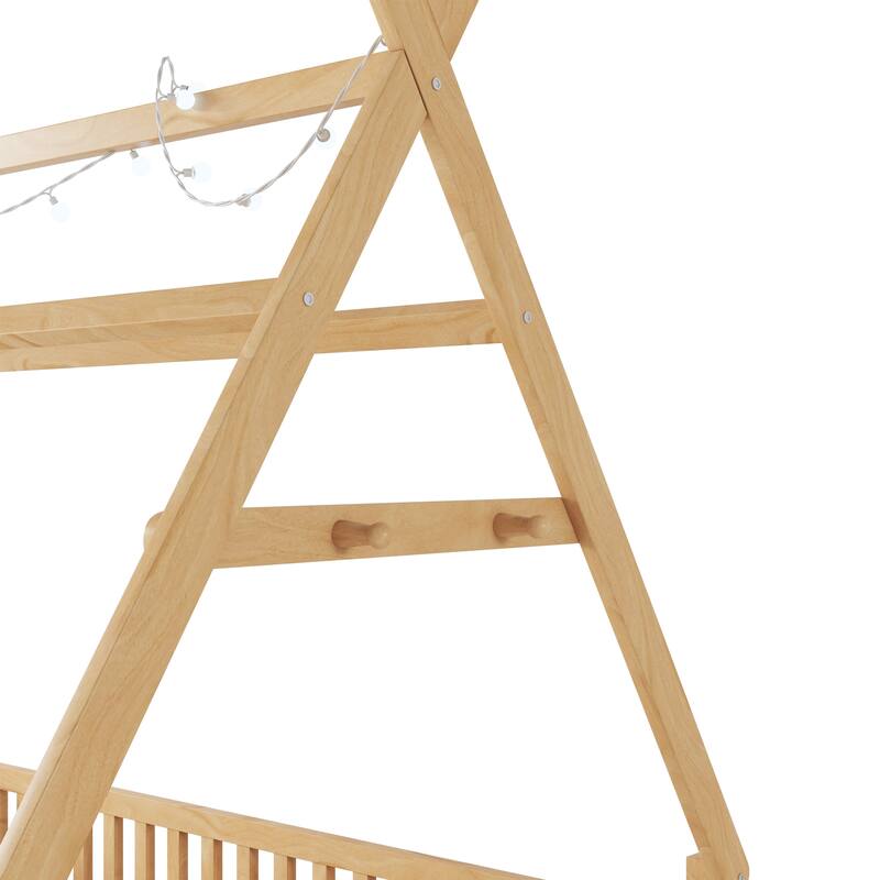 Full House Bed with Light, Low Floor Design, Fence and Roof for Kids, Natural Wood Finish