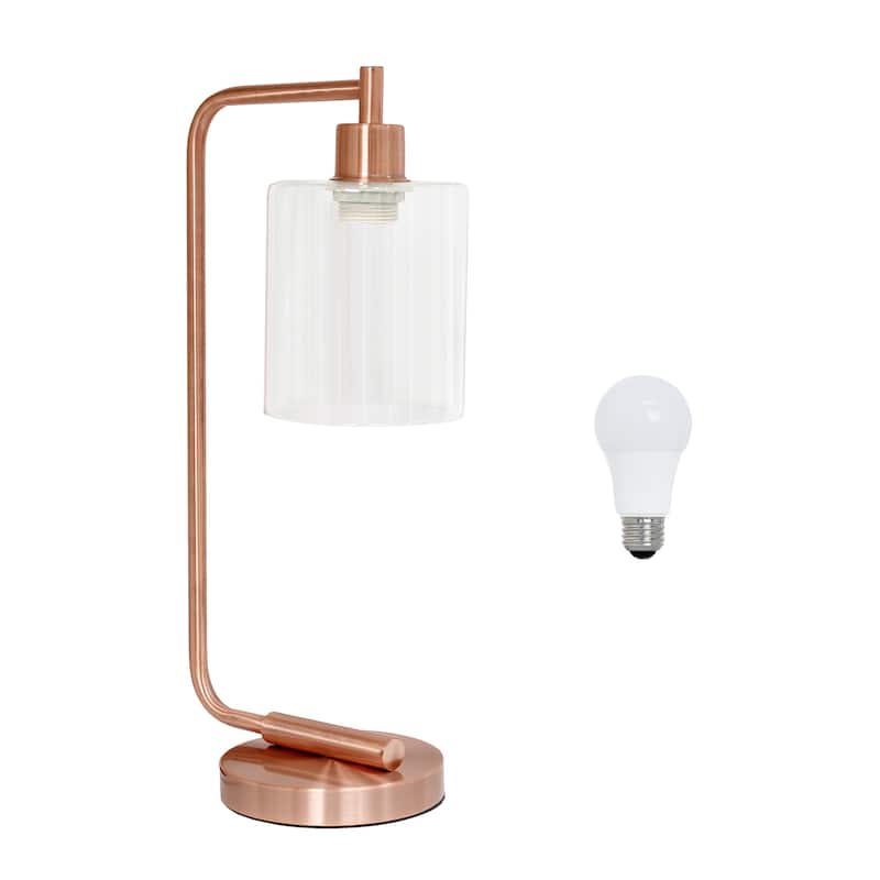 Simple Designs 18.8" Iron Lantern Desk Table Lamp with Glass Shade, Antique Brass, With LED Bulb - Copper