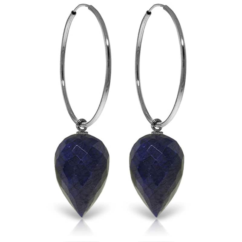 14K Solid Gold Hoop Earrings w/ Pointy Briolette Drop Dyed Sapphires - White