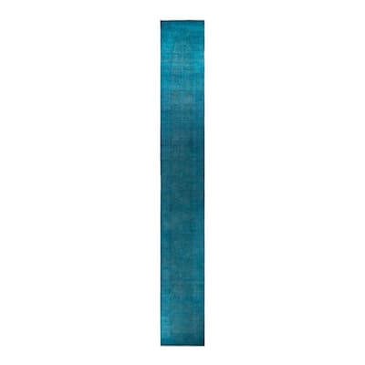 Overton Hand Knotted Wool Vintage Inspired Modern Contemporary Overdyed Blue Runner Rug - 2' 7" x 21' 1"