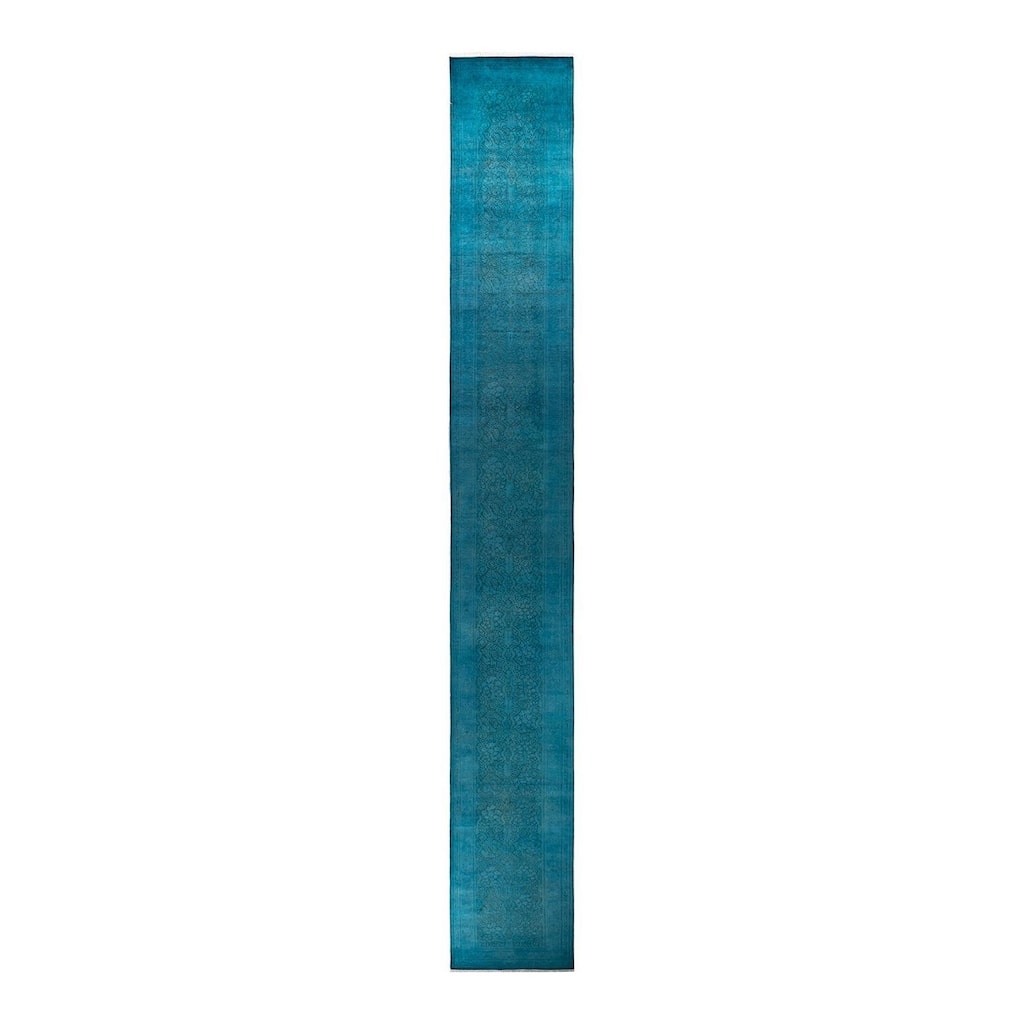 Overton Hand Knotted Wool Vintage Inspired Modern Contemporary Overdyed Blue Runner Rug - 2' 7" x 21' 1"