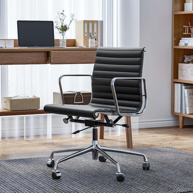 Low Back Genuine Leather Ergonomic Computer Ribbed Office Chair - N/A - Black