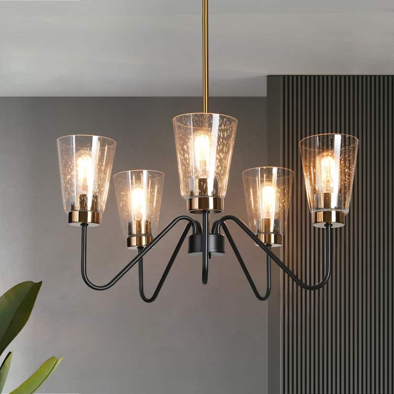 Ivelle Modern 5-Light Black Gold Wheel Chandelier Seeded Glass Pendant Lights for Dining Room - 22 “