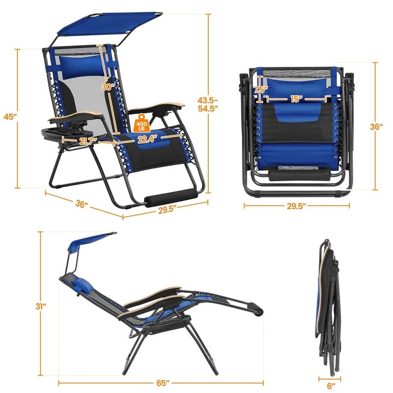 Yaheetech 29in Outdoor Zero Gravity Chair with Sun Shade Oversized Reclining Lounger with Padded Seat and Breathable Backrest